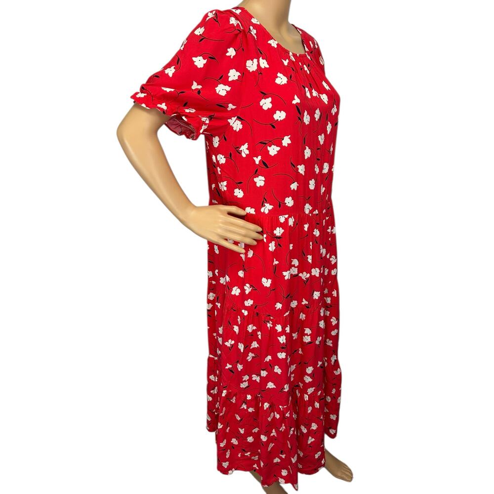 J. Crew Floral Puff-Sleeve Tiered Midi Dress Red BF865 Size L - Picture 6 of 14